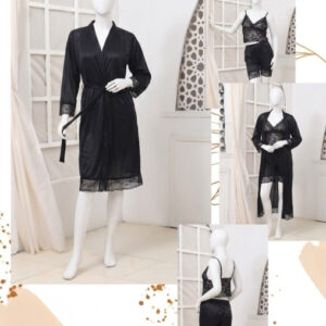 Women's Luxury Silk Nightwear Set with Black Lace 3 Piece Robe & Slip Dress SKU R-011 Free Size