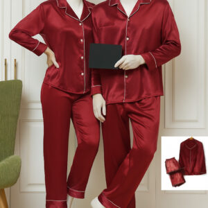 Classic Couple Night Suit Silk Satin Pajama Set ? Long Sleeve Top & Full-Length Pants (4 Pcs) | DC-C007