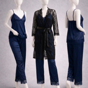 Elegant 3-Piece Women's Nightwear Set ? Silk Cami, Pyjamas & Lace Robe (Free Size)